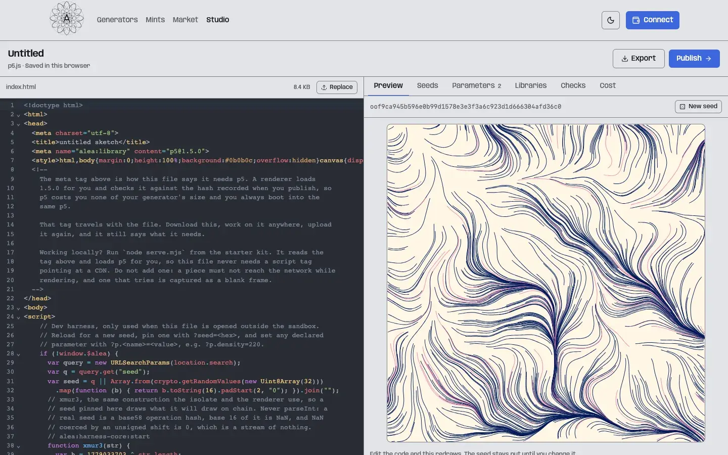 Aleatory studio editor showing a p5.js generator's source code beside a single rendered flow-field artwork