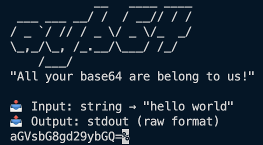 Terminal screenshot showing ayb64 CLI tool in action with various encoding options and metadata output