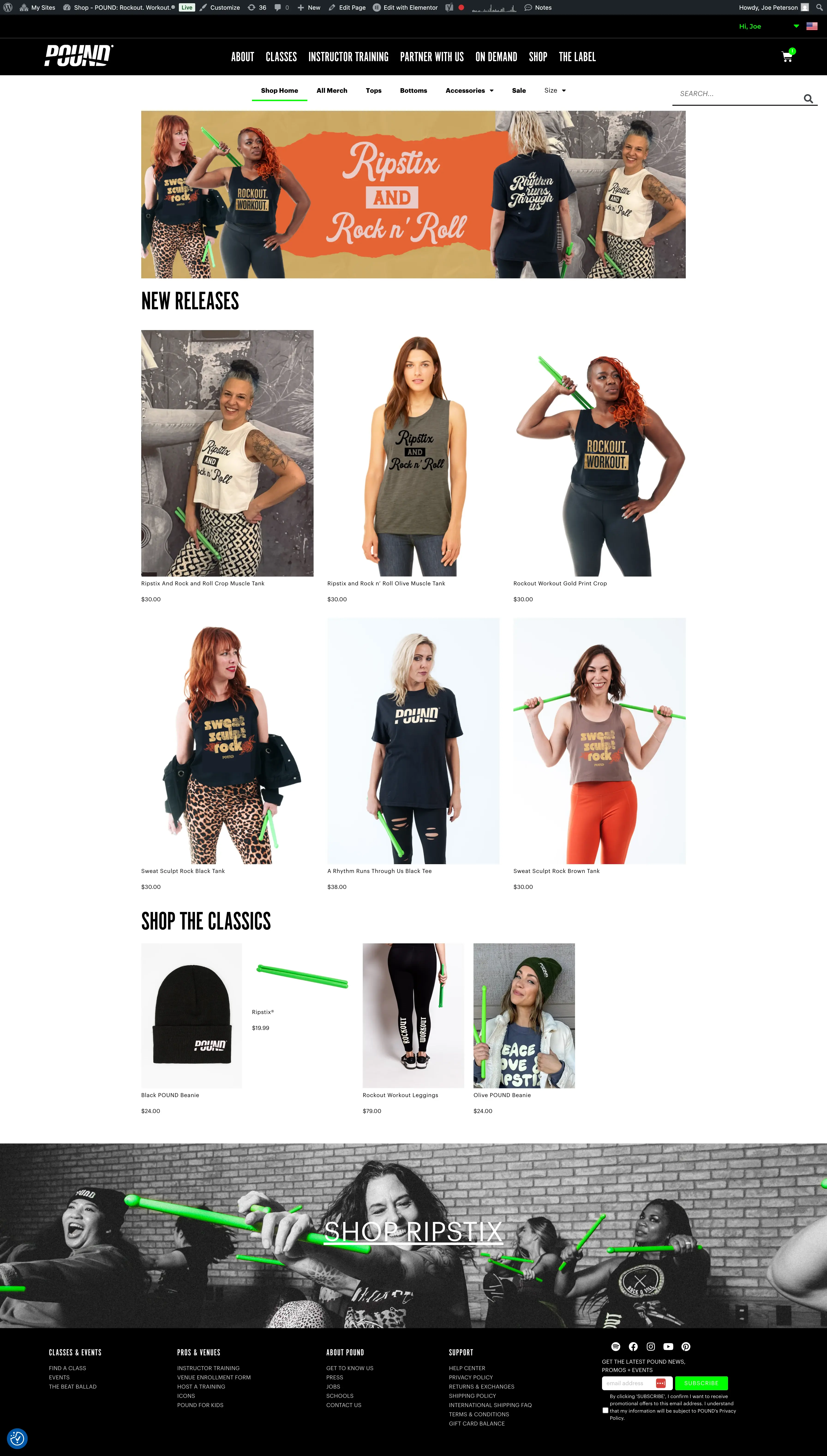 POUNDfit merchandise store displaying workout gear, clothing, and equipment with shopping cart functionality
