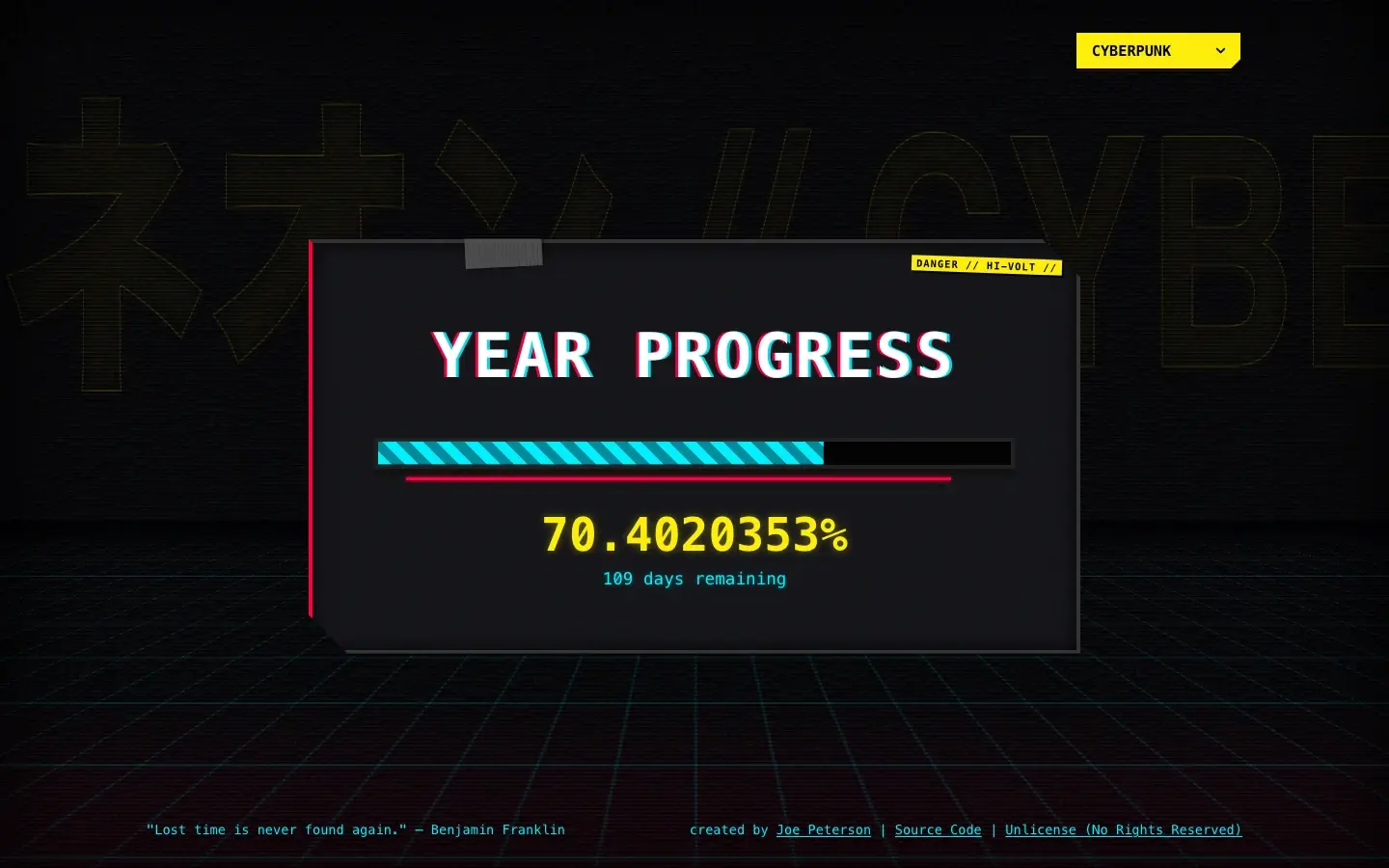 Year Progress in the cyberpunk theme with neon yellow and cyan on black, over a perspective grid