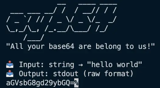 Terminal screenshot showing ayb64 CLI tool in action with various encoding options and metadata output